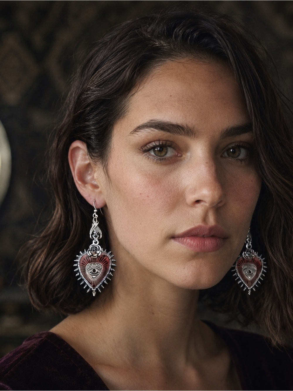 Red Heart Dangle Earrings with Silver Rose & Eye Detail
